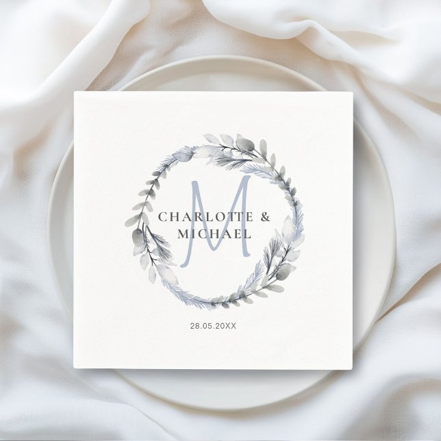 Simple elegant monogram eucalyptus napkins (Simple elegant monogram eucalyptus napkins with your names and date.)