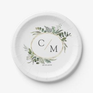 Simple elegant monogram eucalyptus paper plate
