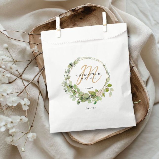 Simple, elegant, monogram eucalyptus wedding   favour bag (Simple, elegant, monogram eucalyptus "Thank You!" wedding favor bag with your name and bag.)
