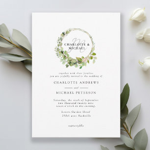 Simple, elegant, monogram eucalyptus wedding invitation