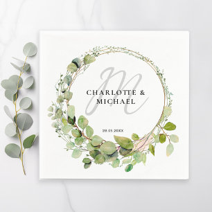 Simple, elegant, monogram eucalyptus wedding napkin