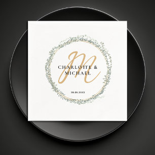 Simple, elegant, monogram eucalyptus wedding  napkin