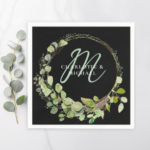 Simple, elegant, monogram eucalyptus wedding    napkin