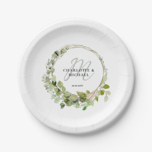 Simple, elegant, monogram eucalyptus wedding paper plate