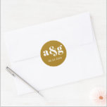 Simple, elegant monogram golden brown wedding classic round sticker<br><div class="desc">Simple,  elegant monogram golden brown wedding sticker. It features your initial and the date of your wedding in white on golden brown background. It coordinates with our "Vintage white jasmine flowers" wedding collection.</div>
