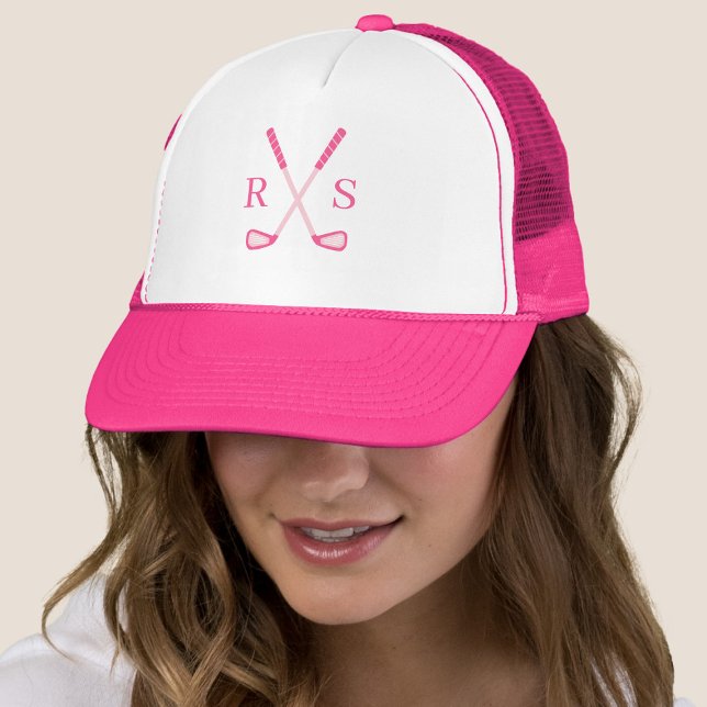 Simple Elegant Monogram Initial Pink Golf Trucker Hat (Creator Uploaded)