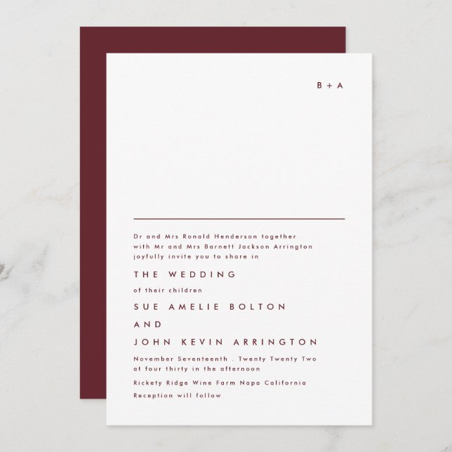 Simple Elegant Monogram Maroon Burgundy Wedding Invitation (Front/Back)