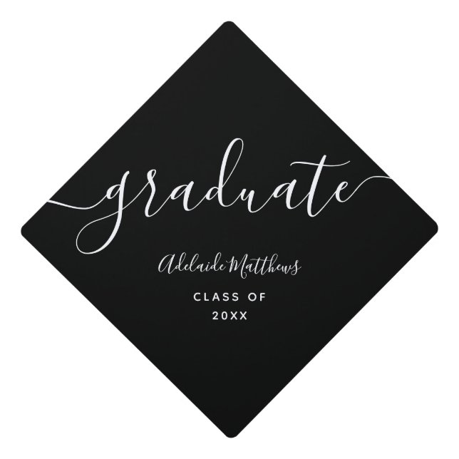 Simple Elegant Monogram Name Black White Custom Graduation Cap Topper (Front)