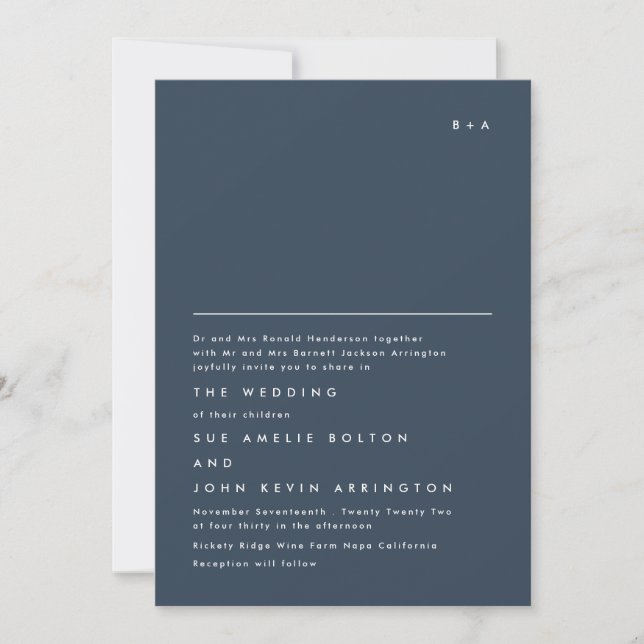 Simple Elegant Monogram Navy Blue White Wedding Invitation (Front)