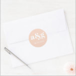 Simple, elegant monogram peach pink wedding classic round sticker<br><div class="desc">Simple,  elegant monogram peach pink wedding sticker. It displays your initial and the date of your wedding in white on peach pink background. It coordinates with our "Coral peach pink poppies" wedding collection.</div>