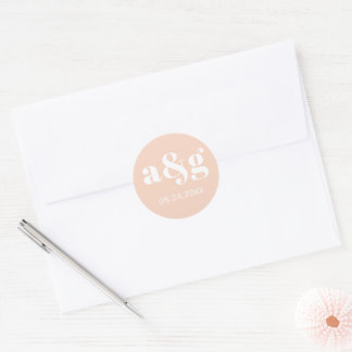 Simple, elegant monogram peach pink wedding classic round sticker