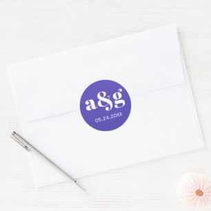 Simple, elegant monogram purplish blue wedding  classic round sticker