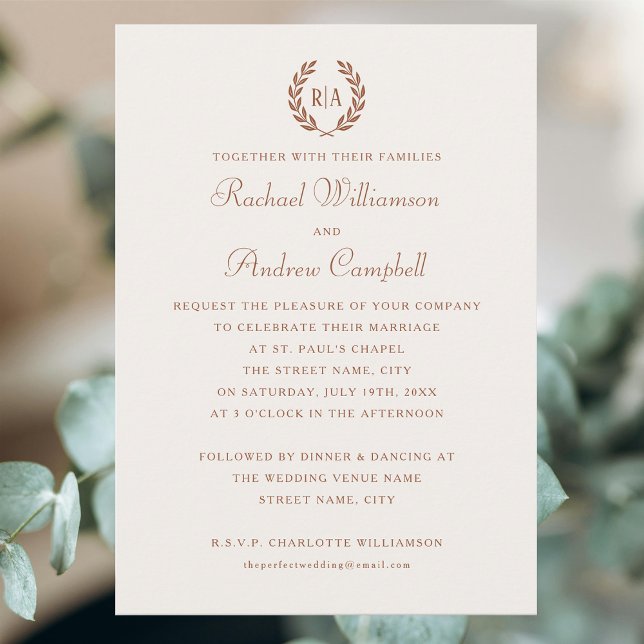 Simple Elegant Monogram Terracotta Cream Wedding Invitation (Creator Uploaded)