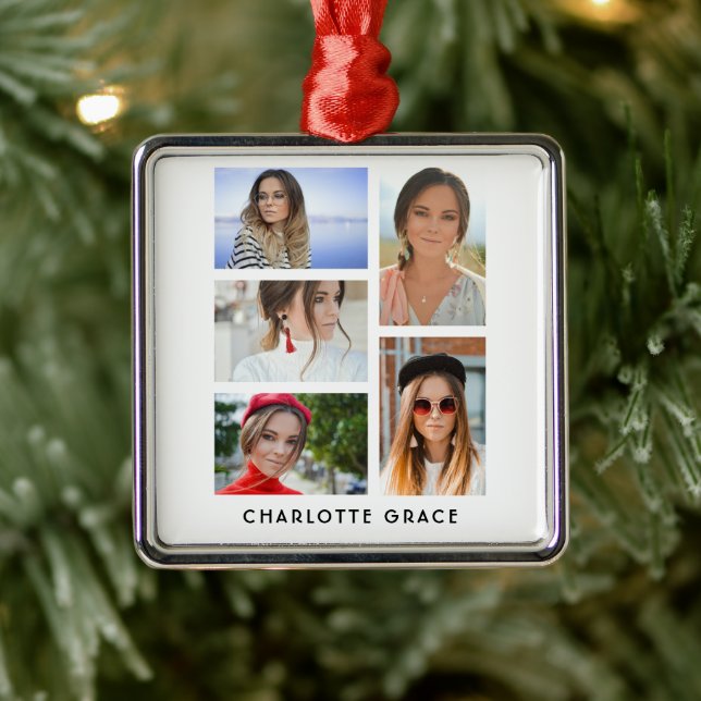 Simple Elegant Multi Photo Personalized Name Metal Ornament (Tree)