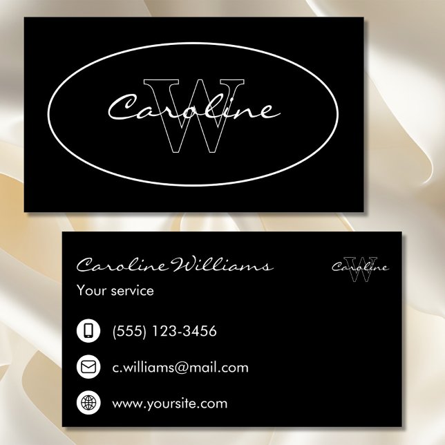 Simple elegant name monogram black white oval business card (Creator Uploaded)