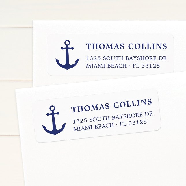 Simple Elegant Nautical Blue Ancre Adresse de reto (Navy Blue Anchor Return Address Label. Modern nautical, coastal return address label with anchor.)