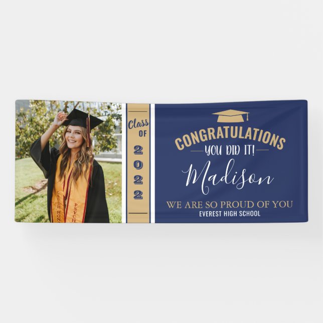Simple Elegant Navy Blue 1 Photo Graduation Banner (Horizontal)