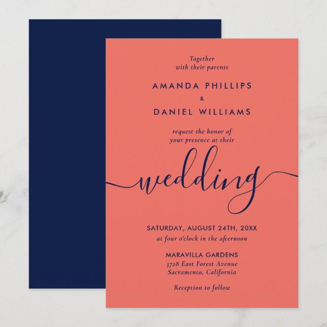 Simple Elegant Navy Blue and Coral Modern Wedding Invitation (Front/Back)