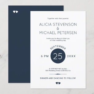Simple elegant navy blue and white wedding invitation