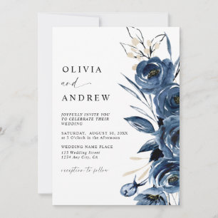 Simple Elegant Navy Blue Boho Floral Wedding Invitation