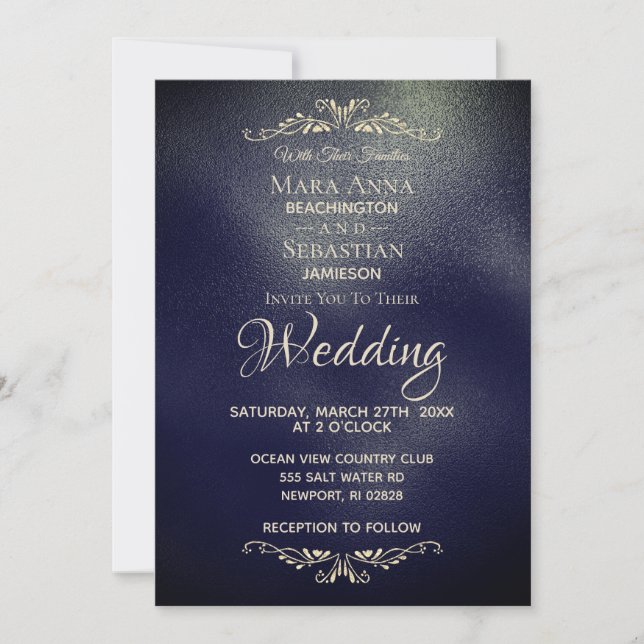 *~* Simple Elegant Navy BLue Gold   Wedding Invitation (Front)