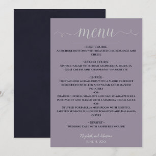 Simple Elegant Navy Blue on Dusty Purple Wedding Menu