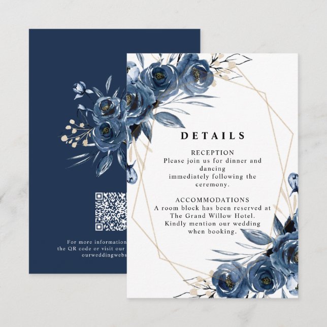 Simple Elegant Navy Blue Wedding QR Code Details Enclosure Card (Front/Back)