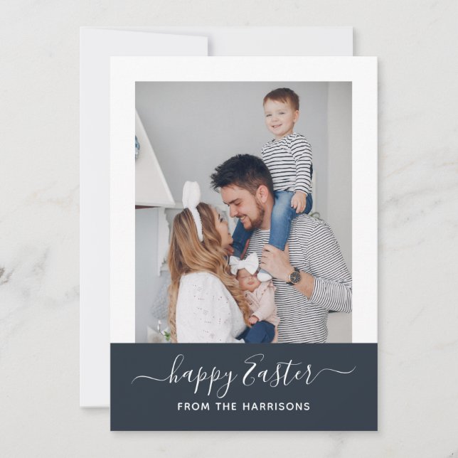 Simple Elegant Navy Script Family Photo Easter Holiday Card (Front)