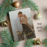 Simple elegant newlywed Merry Christmas gold Foil Holiday Card<br><div class="desc">Elegant luxurious real gold foil script wedding couple photo overlay name and text personalized first Christmas holiday card.          Please note that you can choose the colour of foil: gold,  rose gold,  or silver.</div>