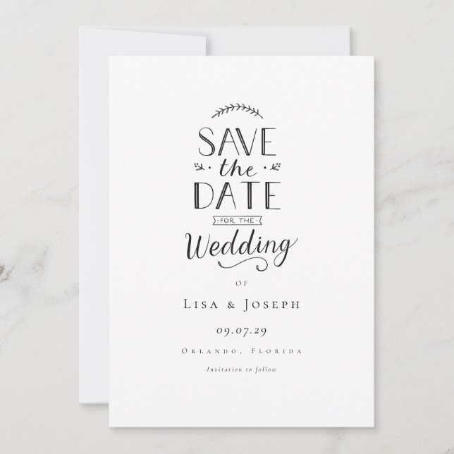Simple Élégant Noir et Blanc Save the Date (Devant)