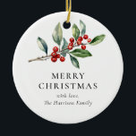 Simple Elegant One Photo Christmas Botanical Ceramic Ornament<br><div class="desc">Simple Elegant One Photo Christmas Botanical Ceramic Ornament features a beautiful watercolor illustration of seasonal greenery and holly berries,  along with your photo on the back.</div>