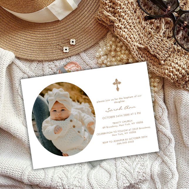 Simple Elegant Oval Gold Cross Baby Photo Baptism Invitation (Simple Elegant Oval Gold Cross Baby Photo Baptism Invitation)
