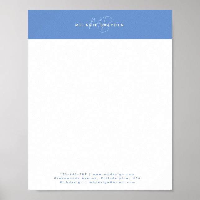 Simple Elegant Pastel Blue Minimalist Two Monogram Poster (Front)