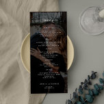 Simple elegant photo black wedding menu<br><div class="desc">Trendy dark photo overlay black and white minimalist typography custom text template wedding menu card.</div>