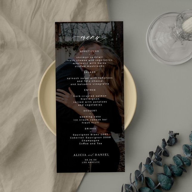 Simple elegant photo black wedding menu (Creator Uploaded)