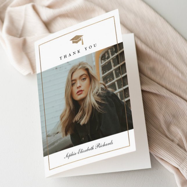 Simple Elegant Photo Graduation Thank You Card (Elegant Gold Graduation Cap Black and White Photo Graduation Thank You Cards. )