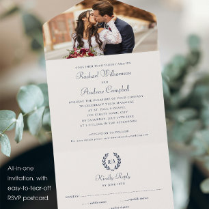 Simple Elegant Photo Monogram Navy Cream Wedding All In One Invitation