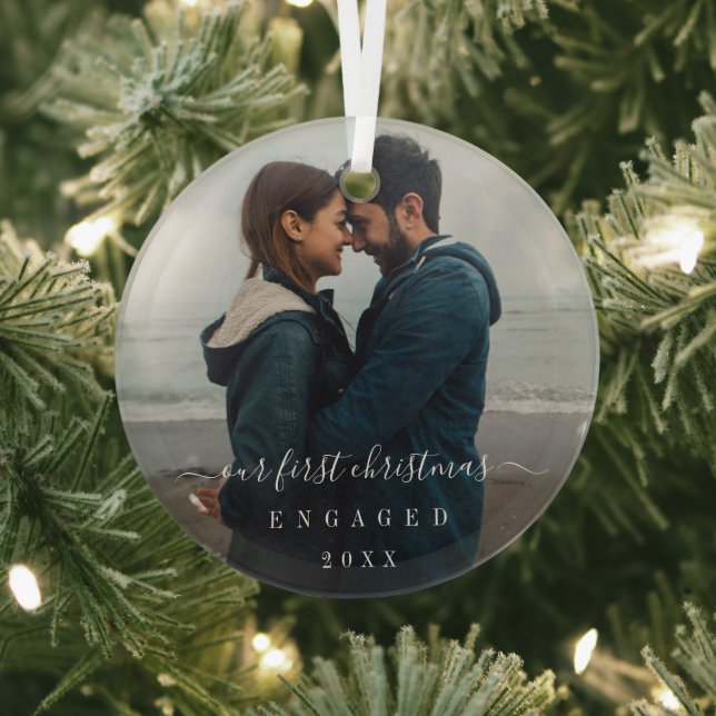 Simple Elegant Photo Our First Christmas Engaged Glass Ornament (Insitu)