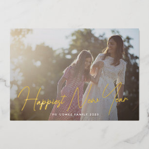 Simple Elegant Photo Typography Happiest New Year Foil Holiday Card