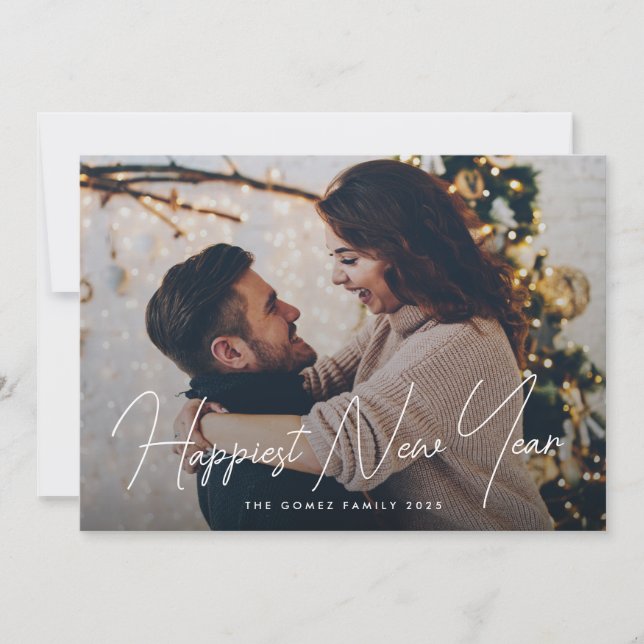 Simple Elegant Photo Typography Happiest New Year Holiday Card (Front)