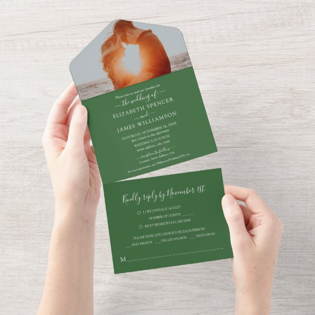 Simple Elegant Photo Wedding RSVP Green All In One Invitation (Tearaway)