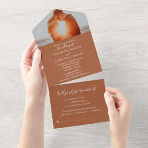 Simple Elegant Photo Wedding RSVP Terracotta All In One Invitation