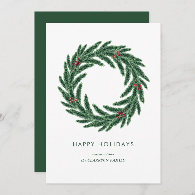 Simple Elegant Pine Holly Wreath Christmas Holiday Card (Front/Back)