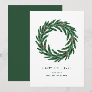 Simple Elegant Pine Holly Wreath Christmas Holiday Card