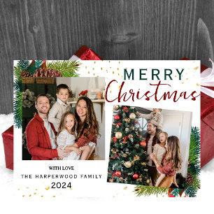 Simple Elegant Pine Tree 2 photo Christmas Family Holiday Card