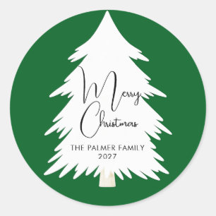 Simple Elegant Pine Tree Script Merry Christmas Classic Round Sticker