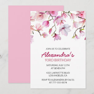 Simple Elegant Pink Boho Watercolor 93rd birthday Invitation