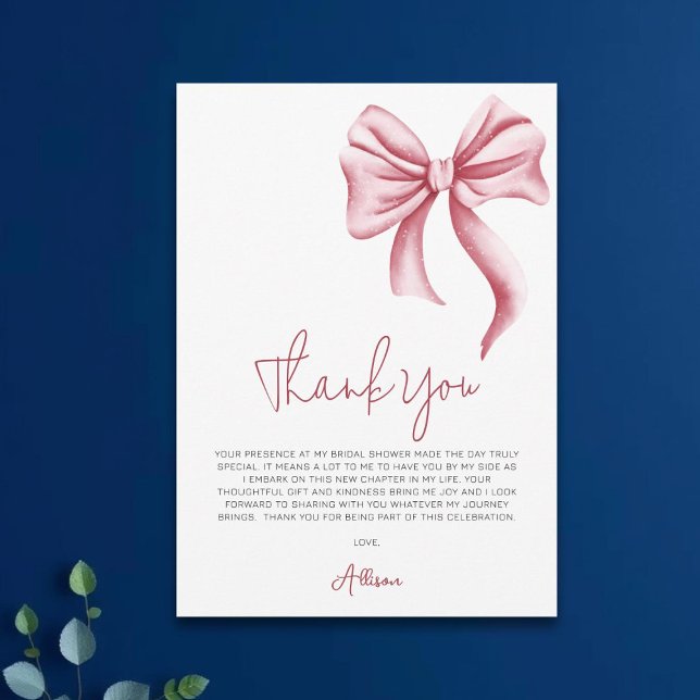 Simple Elegant Pink Bow Bridal Shower Thank You Card (Creator Uploaded)