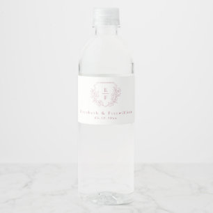 Simple Elegant Pink Cherry Blossom Monogram Crest  Water Bottle Label