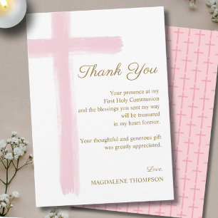 Simple Elegant Pink Cross First Holy Communion  Thank You Card